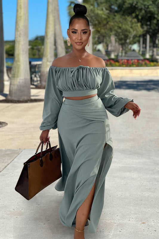 Off Shoulder Long Sleeve Ruched Crop Top High Slit Maxi Skirt Matching Set