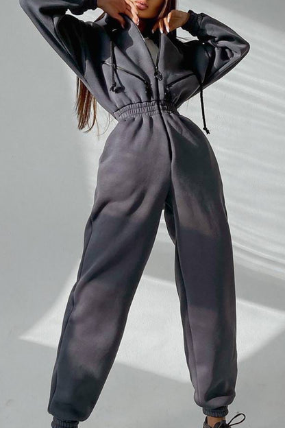 Zip-Up Cinch Waist Long Sleeve Hooded Solid Color Casual Jumpsuit-Green