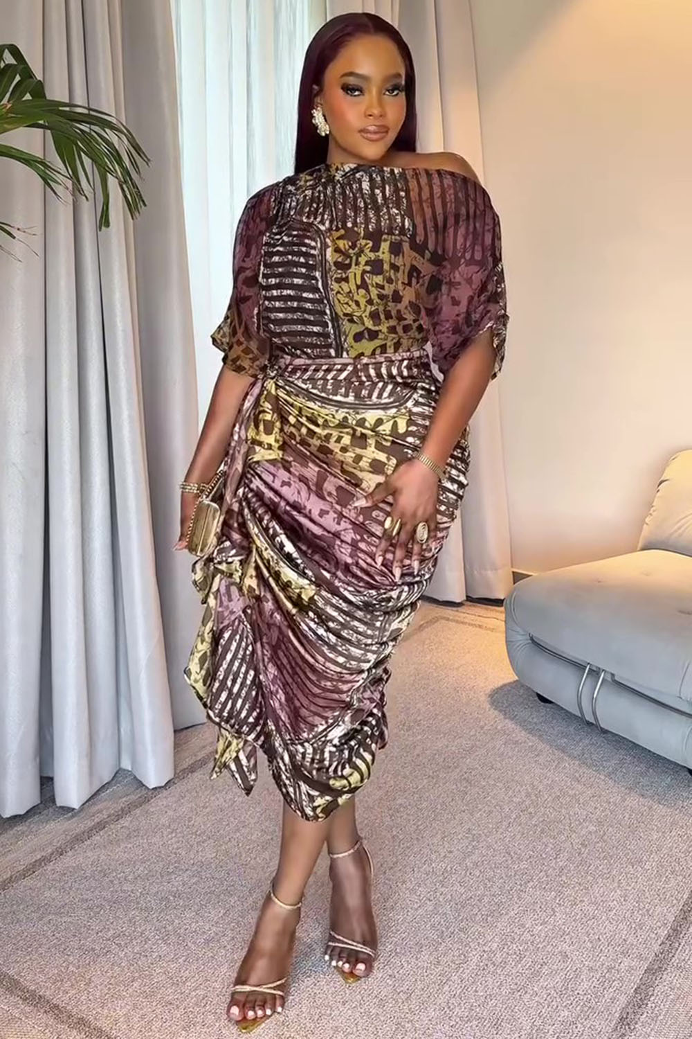 Allover Print Boat Neck Ruched Sleeve Overlap Midi Dresses-Brown [Pre Order]