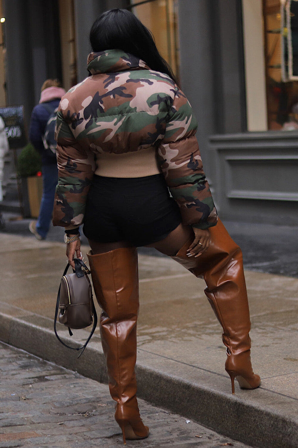 Camo Print Turndown Collar Long Sleeve Crop Down Coat-Brown