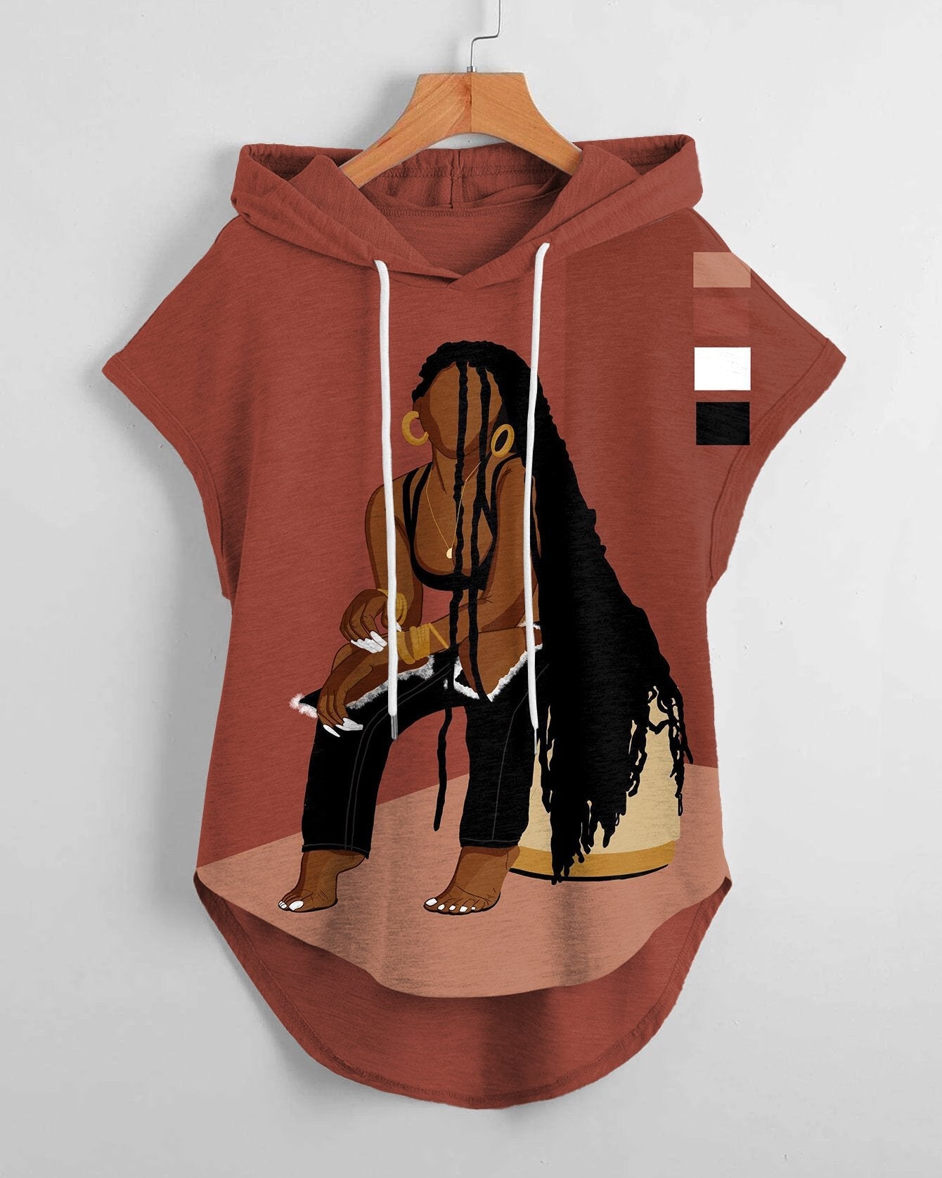 Brown Girl with Long Braids Magic Low Hem Drawstring Hooded Tee