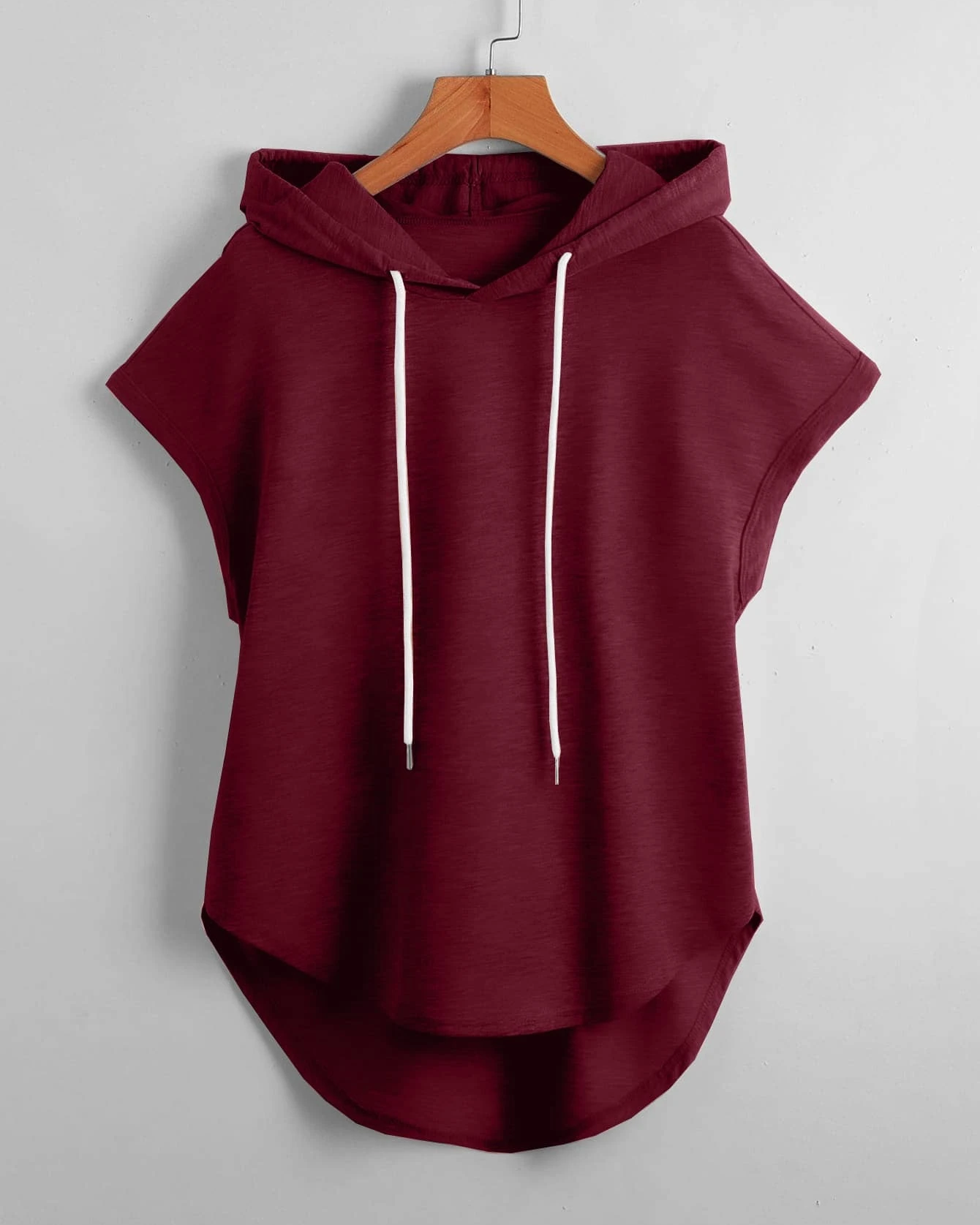 Pure Solid Color High Low Hem Drawstring Hooded Tee