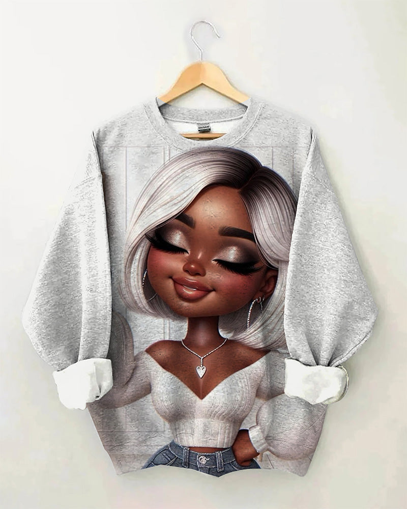 Cute Short Hair Black Girl Matching Color Round Neck Long Sleeve Sweatshirt