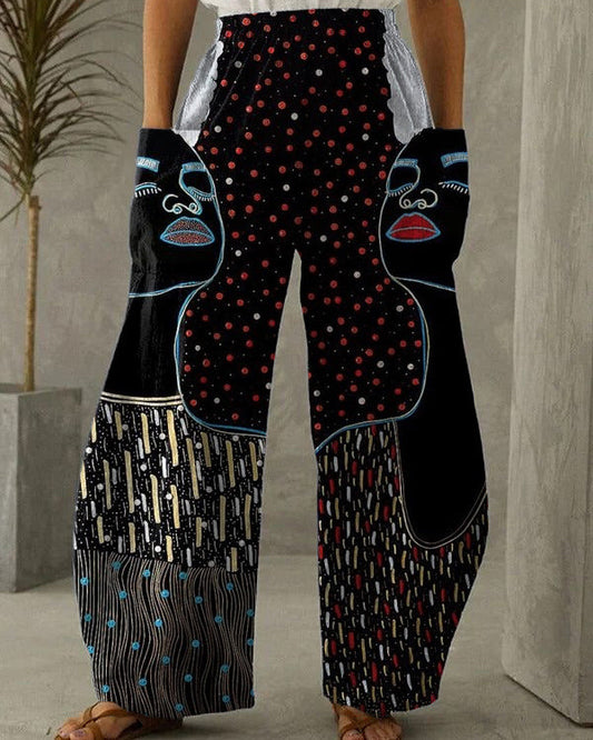 Artistic black polka dot ethnic style fashion printed casual trousers