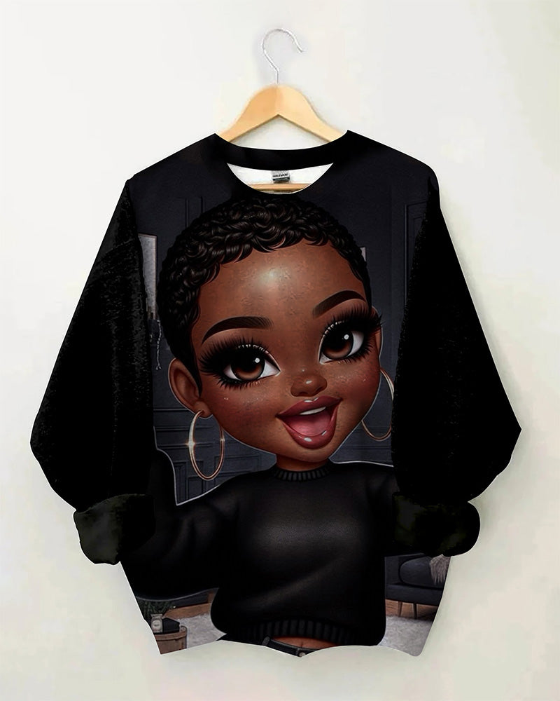 Cute Short Hair Pretty Black Girl Round Neck Long Sleeve Sweatshirt