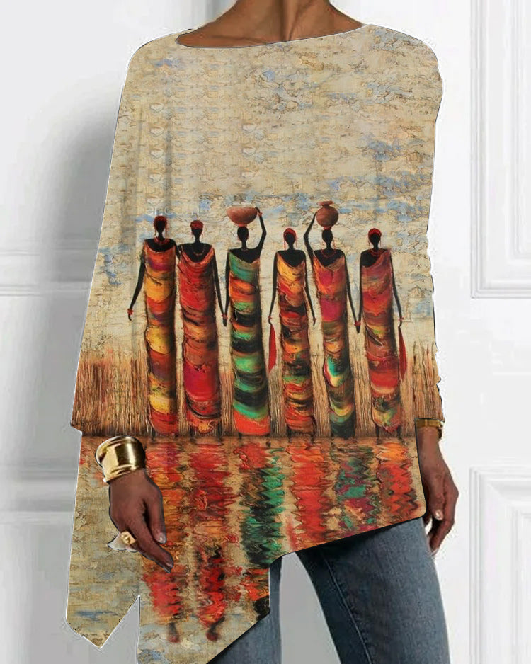 Artistic oil painting print irregular hem top