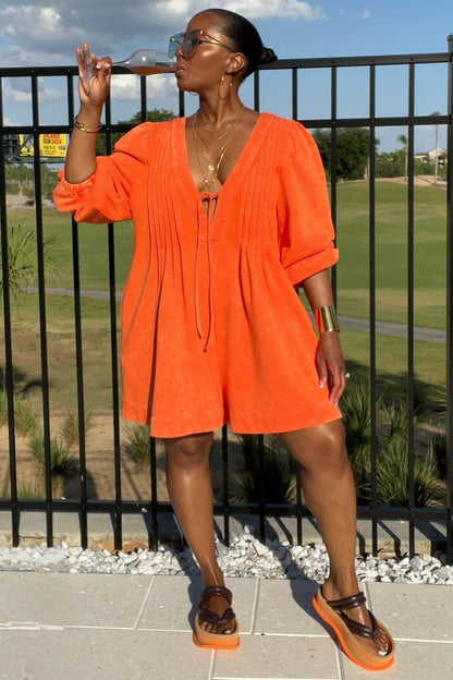 Deep V Neck 3/4 Sleeve Pleated Wide Leg Romper Playsuit-Orange
