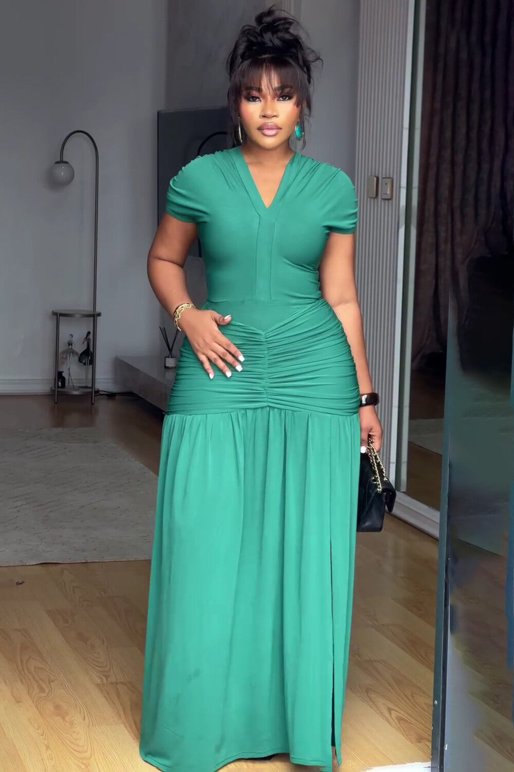 V Neck Cap Sleeve Ruched Dropped Waist Daily Maxi Dresses-Green [Pre Order]