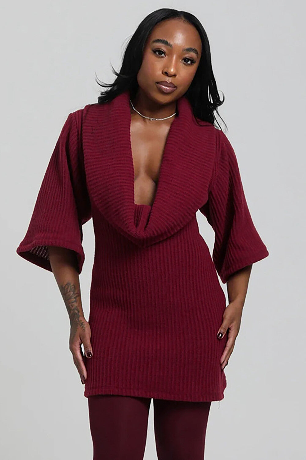 Cowl Neckline Half Sleeve Knit Bodycon Solid Color Sweater Mini Dresses-Gray