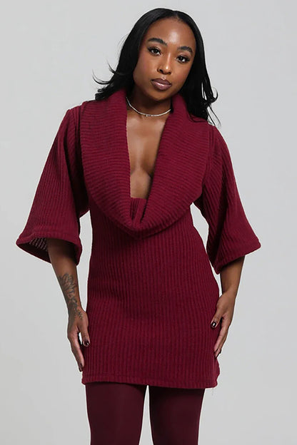 Cowl Neckline Half Sleeve Knit Bodycon Solid Color Sweater Mini Dresses-Gray