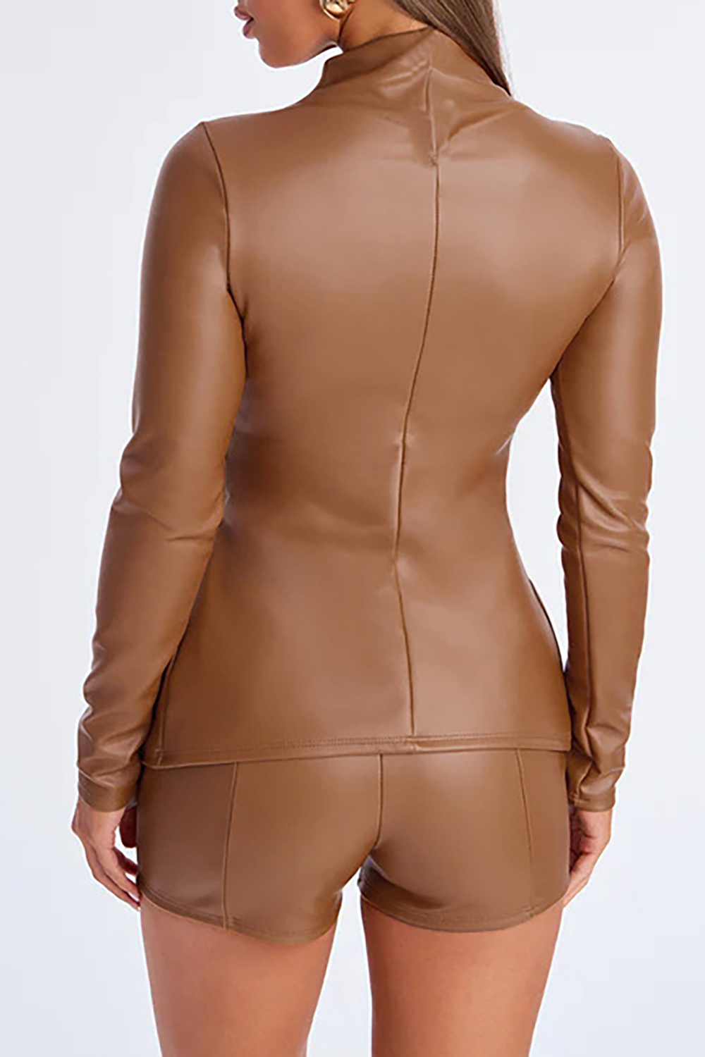 Faux Leather Stand Collar Long Sleeve Slit Top Shinny Shorts 2pcs Set-Black