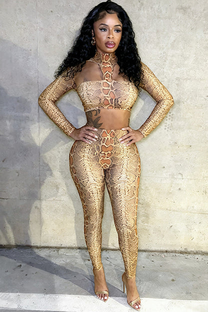 Snake Pattern High Neck Cutout Crop Top Skinny Pants 2pcs Set-Beige