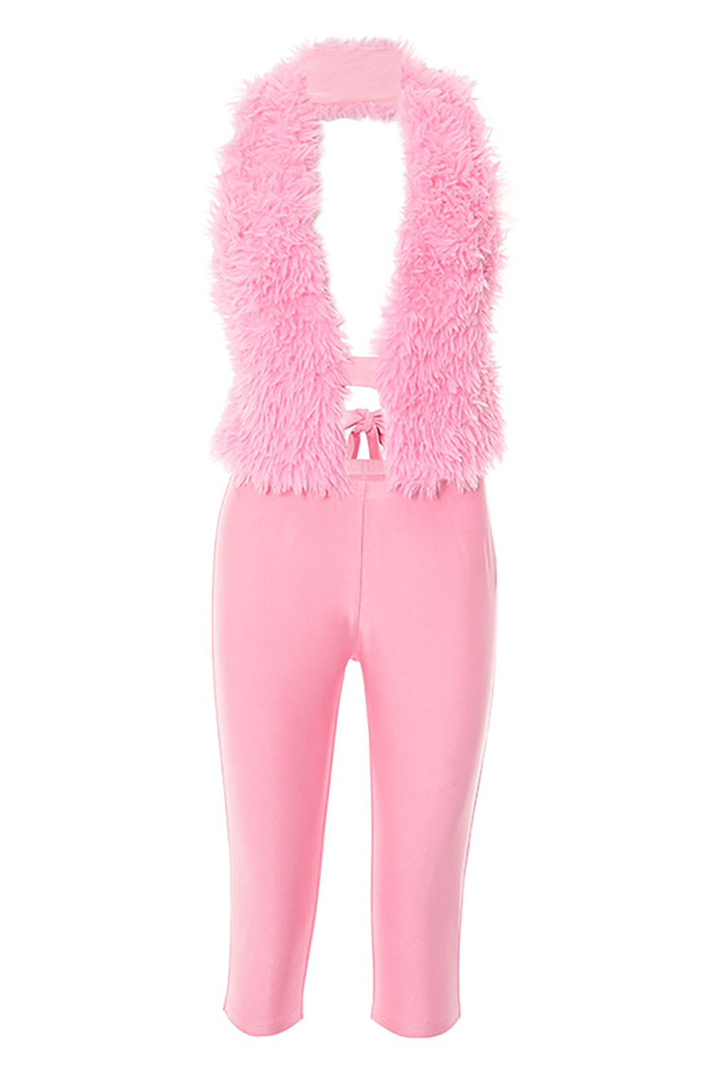 Fuzzy Halter Backless Crop Top Skinny Fifth Pants 2pcs Set-Pink