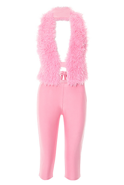 Fuzzy Halter Backless Crop Top Skinny Fifth Pants 2pcs Set-Pink