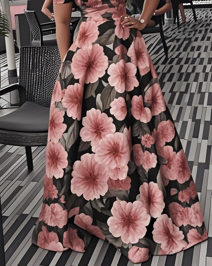 Women's Summer Elegant Round Neck Short Sleeve Floral Pattern Print Slim Waist A-Line Maxi Dress