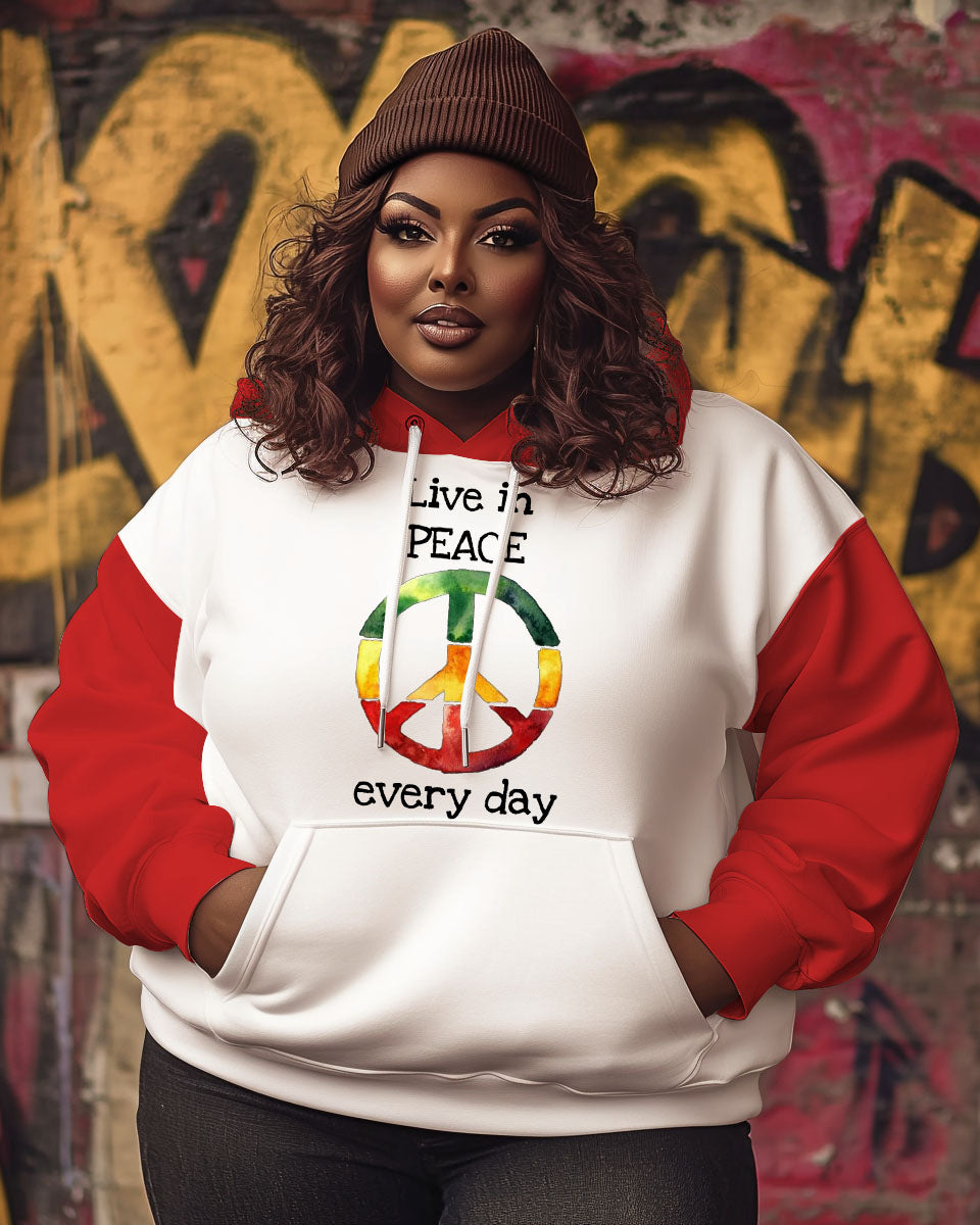 Women's Black Reggae Hip Hop Slogan Live In Peace Everyday Hoodie