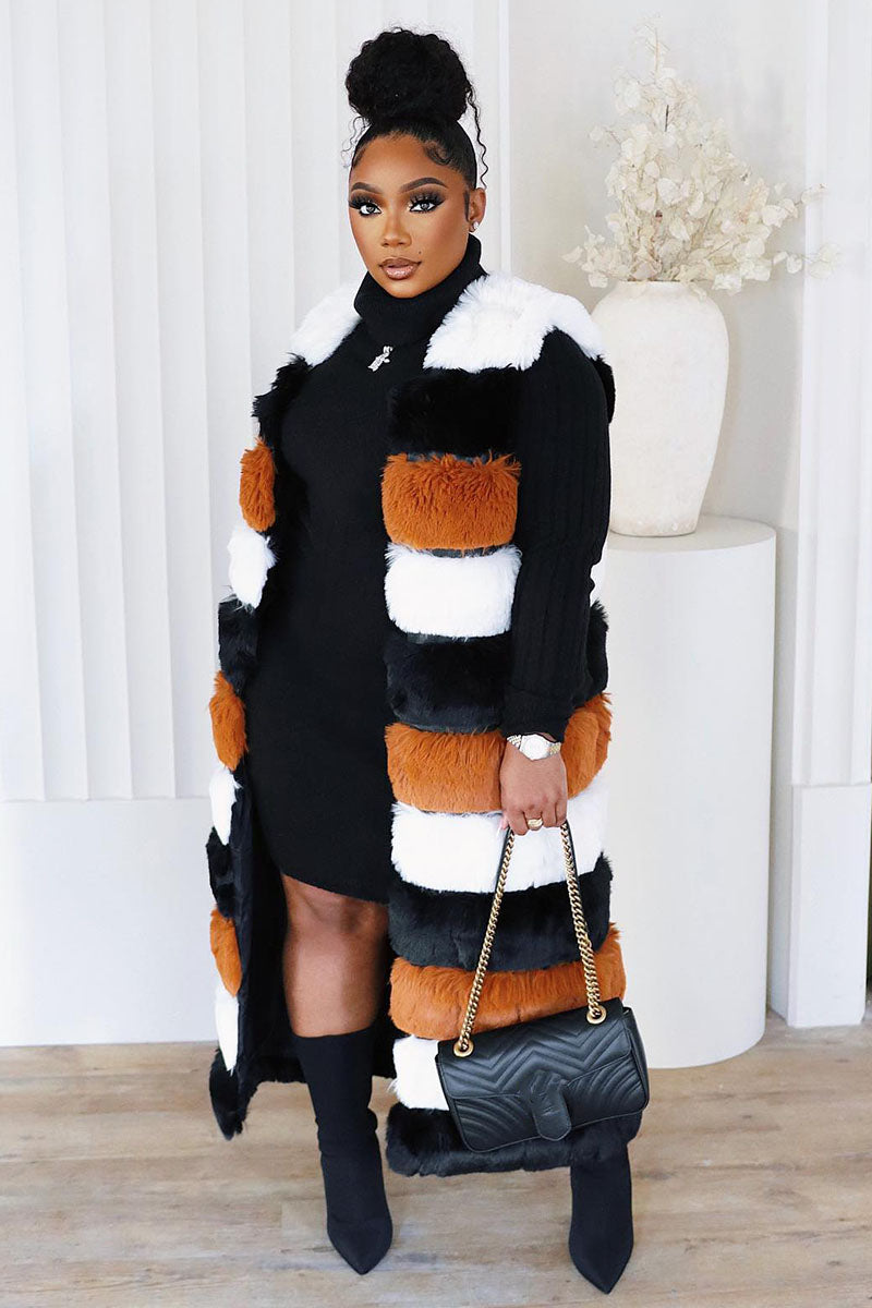 Sleeveless Colorblock Faux Fur Long Coat Outerwear-Black