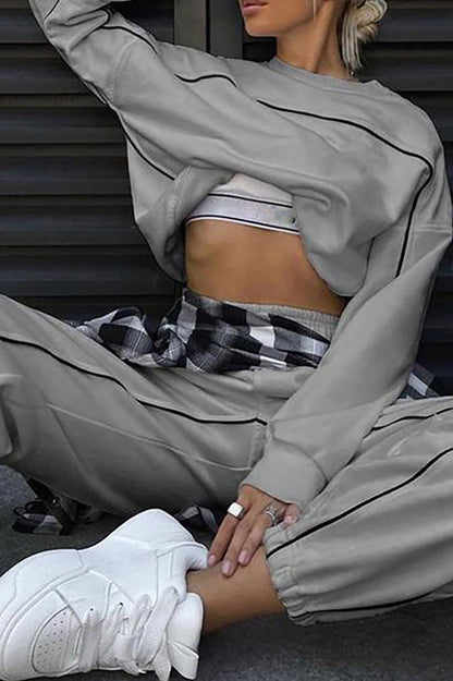 Contrast Piping Long Sleeve Sweatshirt Casual Jogger Pants 2pcs Set-Black