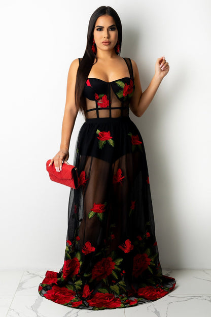 Embroidered Red Rose See Through Prom Maxi Dresses