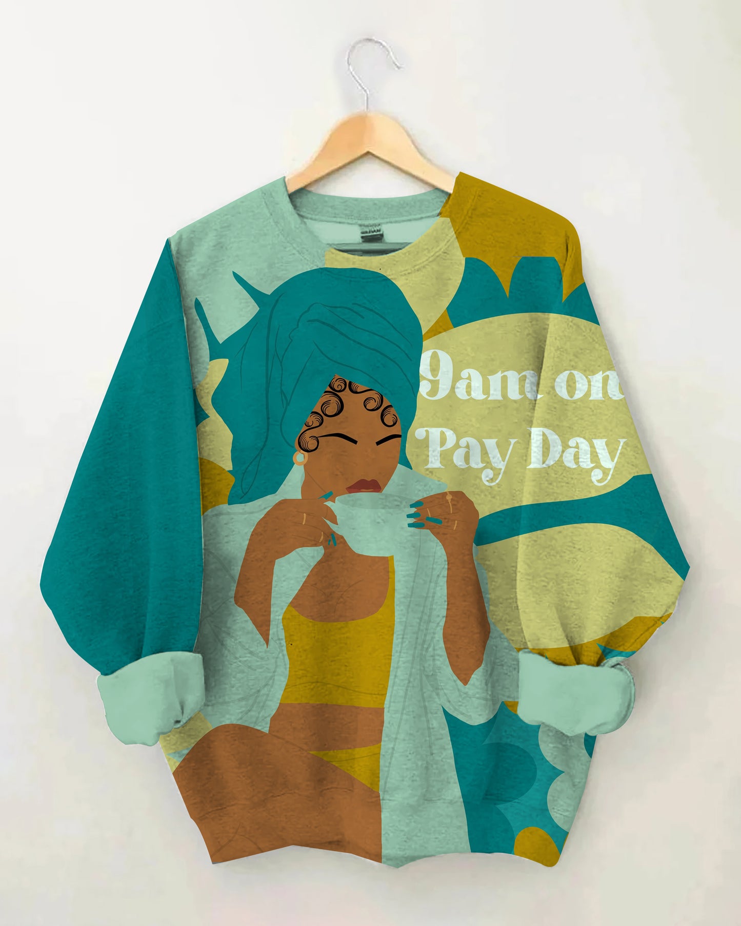 9 Am On Pay Day Letter Cartoon Print Long Sleeve Sweatshirt