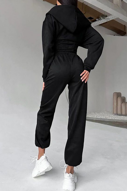 Zip-Up Cinch Waist Hooded Track Jacket Solid Color Pants 2pcs Set-White