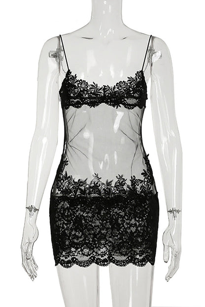 Floral Lace Mesh Patchwork See Through Slim Fit Slip Mini Dresses-Black
