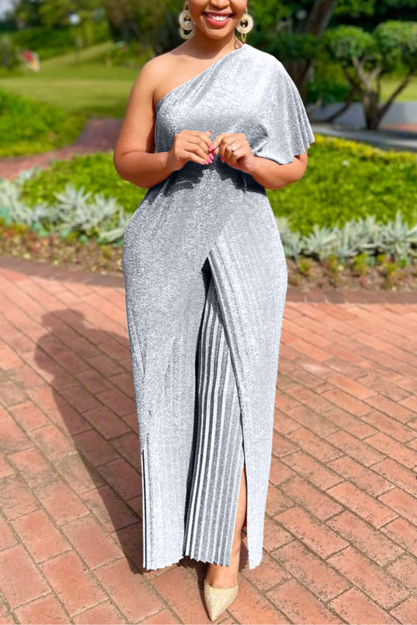 One Shoulder Glitter Pleated Jumpsuit