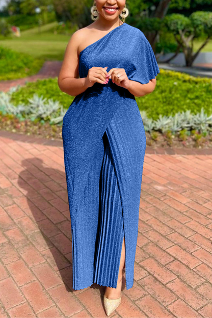 One Shoulder Glitter Pleated Jumpsuit