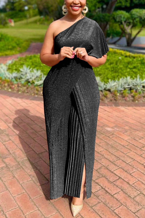 One Shoulder Glitter Pleated Jumpsuit