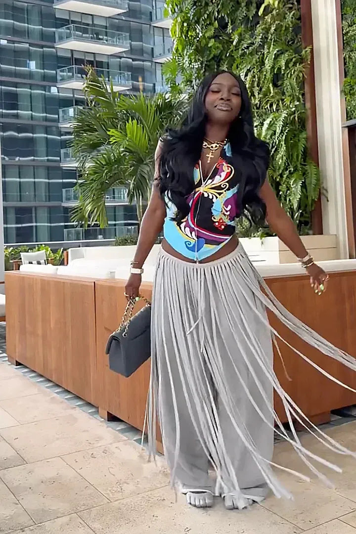 Grey Loose Fringe Pants