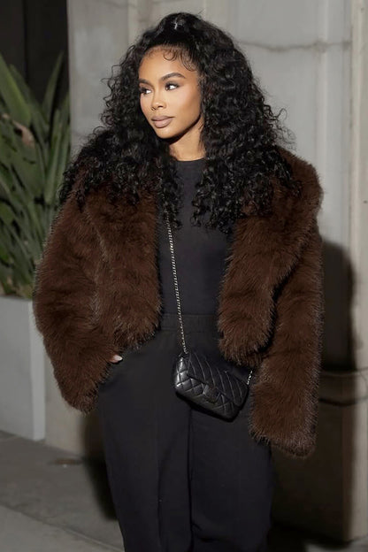 Solid Color Long Sleeve Furry Crop Coat-Brown