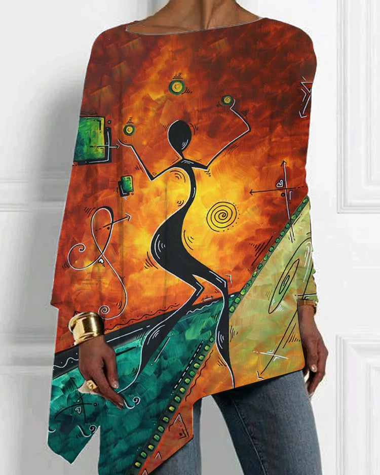 Personalized oil painting fashion printing irregular hem top