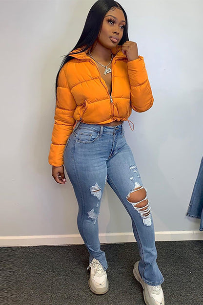 Turndown Collar Long Sleeve Zip-Up Solid Color Crop Down Coat-Orange