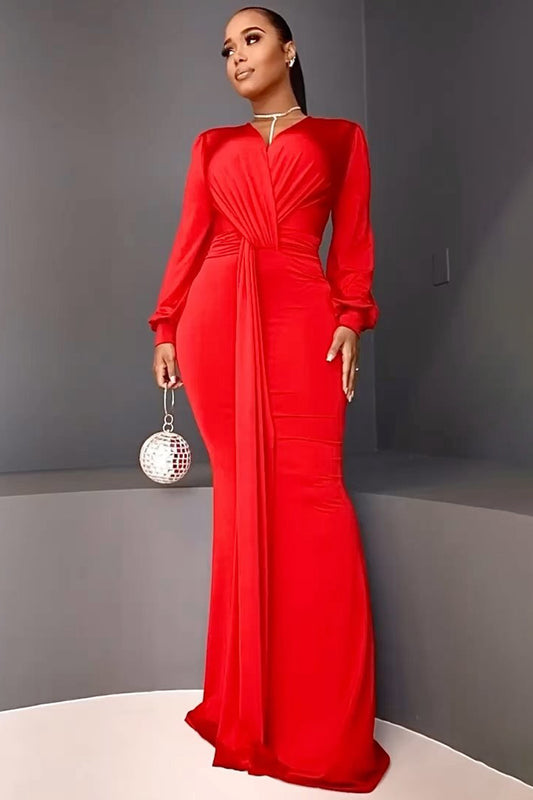 V Neck Lantern Sleeve Twisted Bodycon Gowns Maxi Dresses-Red