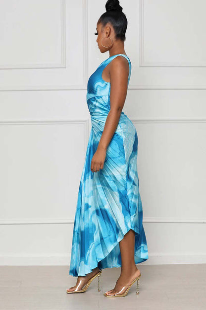 One Shoulder Sleeveless Print Cut Out Pleated Hem Maxi Dress