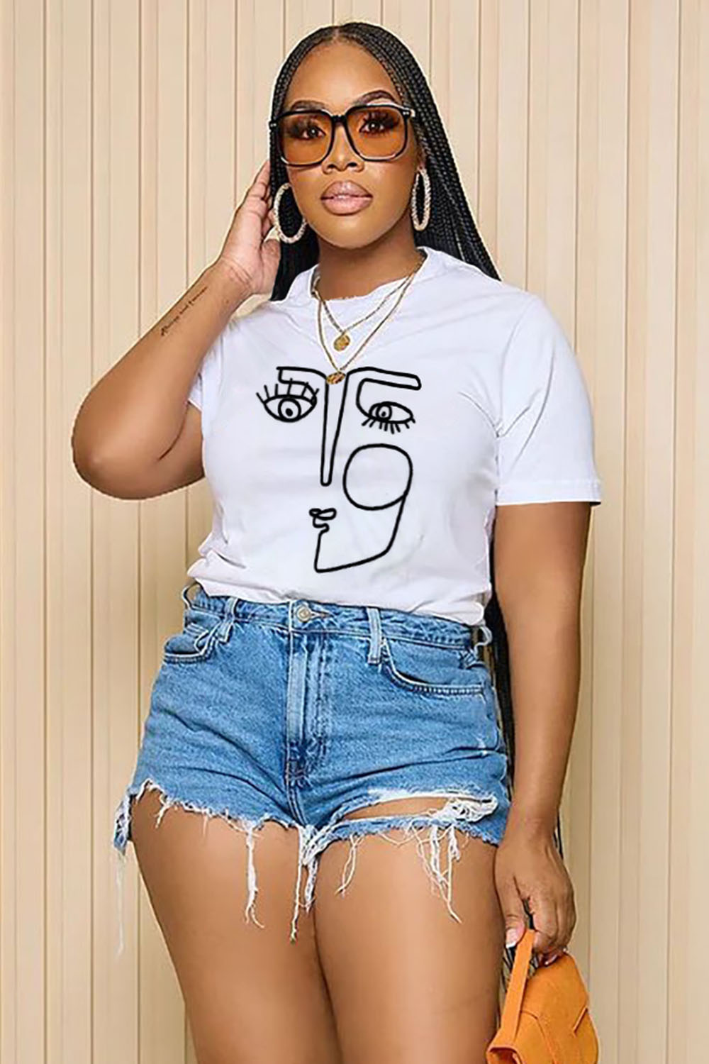 LORAGAL Abstract Face Drawing Print Short Sleeve Casual T-Shirt-White