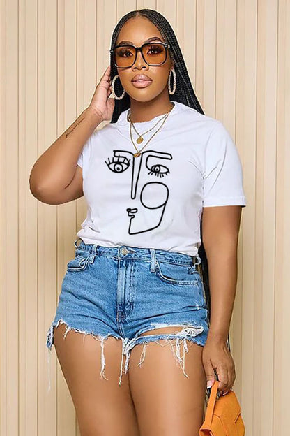 LORAGAL Abstract Face Drawing Print Short Sleeve Casual T-Shirt-White
