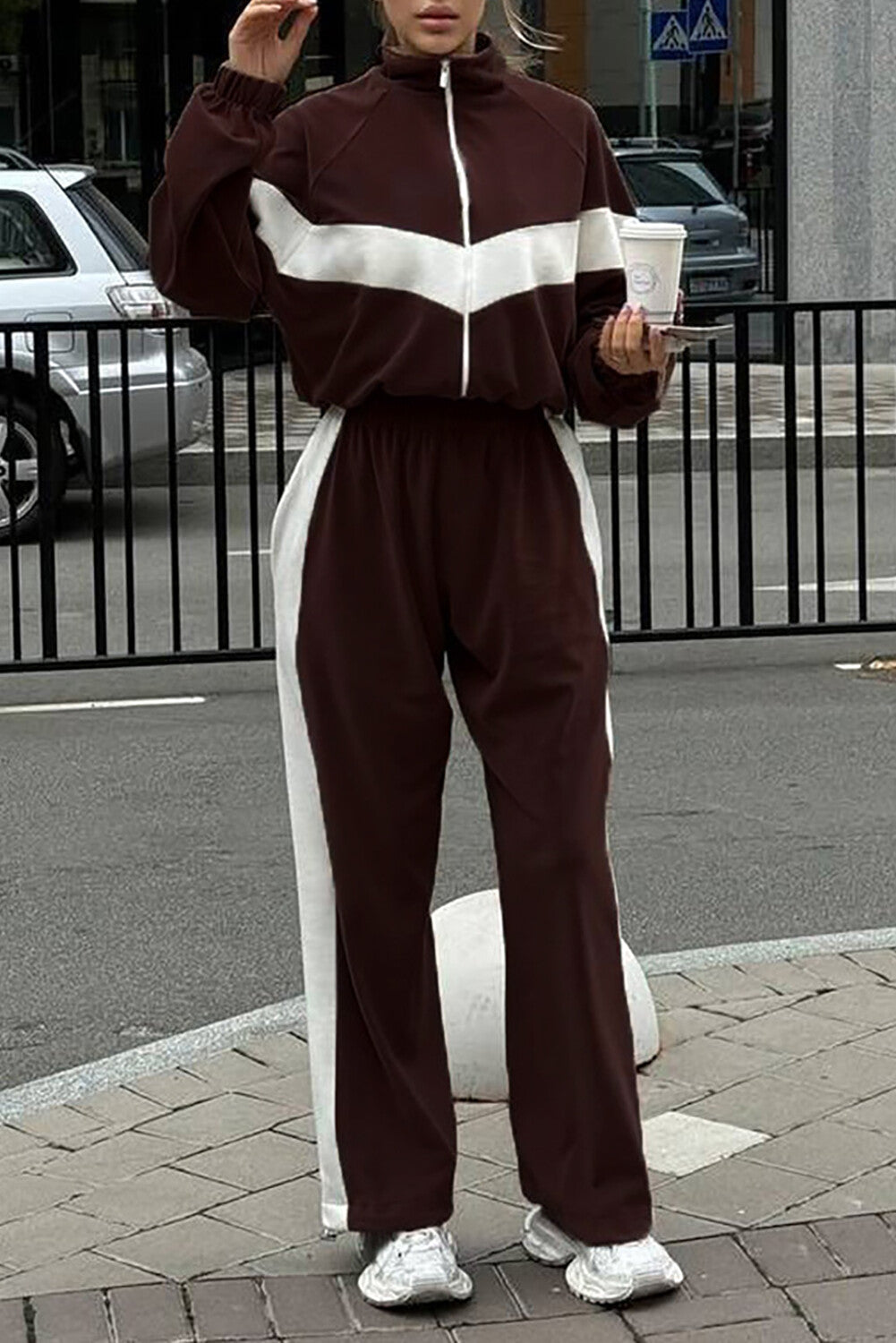 Colorblock Long Sleeve Track Jacket Casual Pants Matching Set-Brown