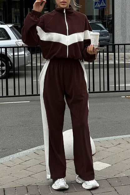 Colorblock Long Sleeve Track Jacket Casual Pants Matching Set-Brown