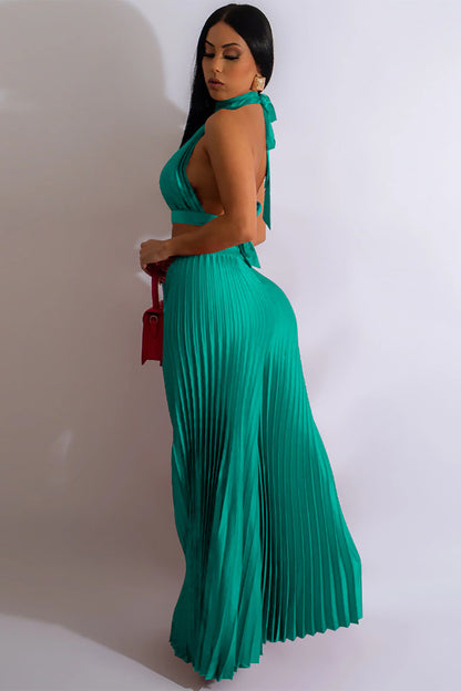 Halter Backless Crop Top Wide Leg Pleated Pants Two Pieces Set