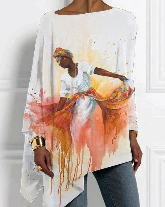 Fashion Oil Painting Black Girl Dancing Print Irregular Hem Top