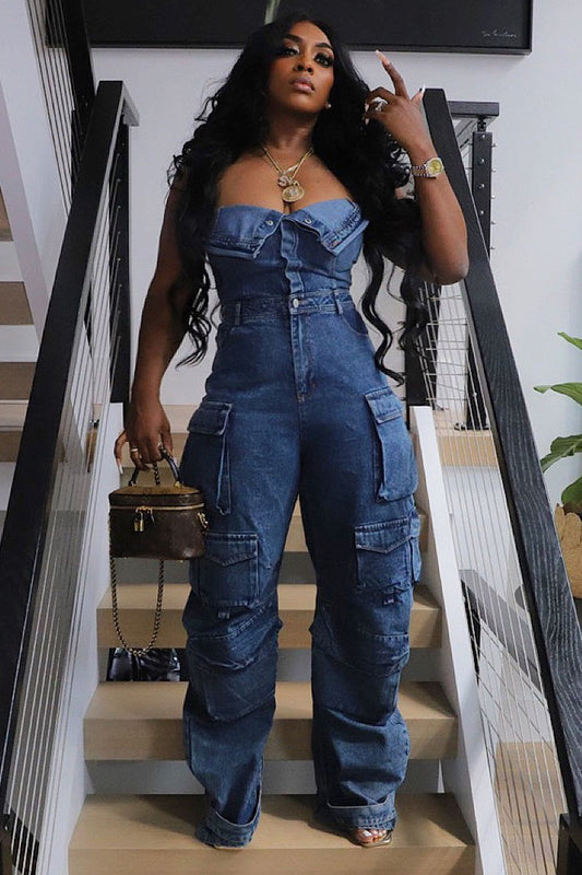 Strapless Multi Flap Pocket Denim Cargo Jumpsuit