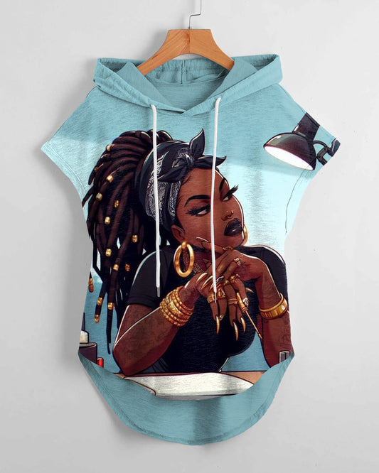 Rock Brown Girl Low Hem Drawstring Hooded Tee