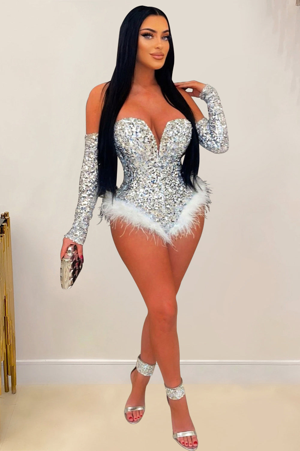 Sequin Off Shoulder V Neck Feather Trim Party Bodysuit