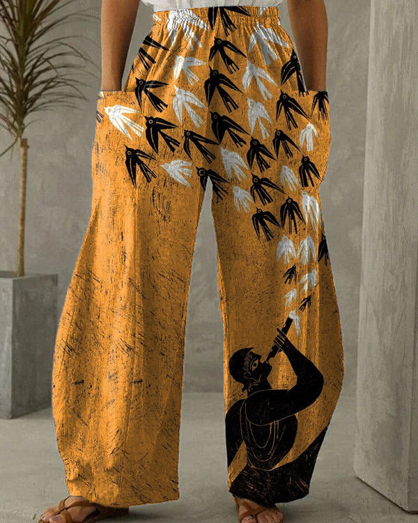 Artistic black ethnic style fashion printed casual trousers