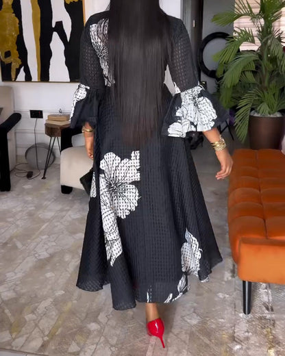 Formal Floral Crew Neck Long Sleeve Maxi Dress