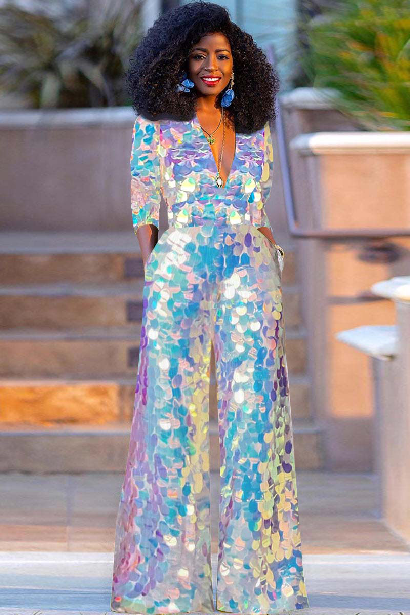 Lazer Sequin Deep V Neck Wide Leg Birthday Party Jumpsuits-Blue