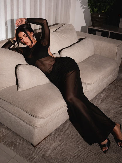 Black Open Back Long Sleeve Mesh Pleated Dress