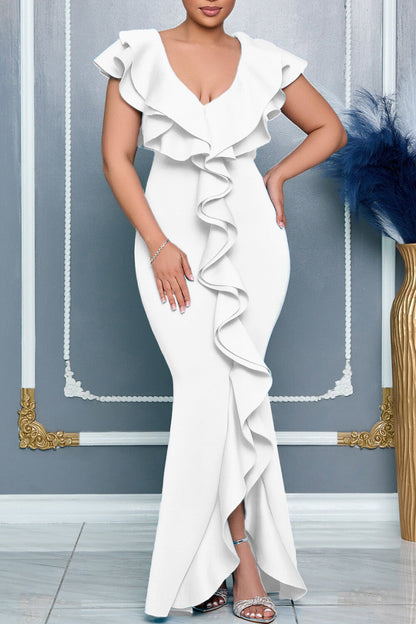 V Neckline Bodycon Fishtail Hem Ruffled Gowns Maxi Dresses-Green