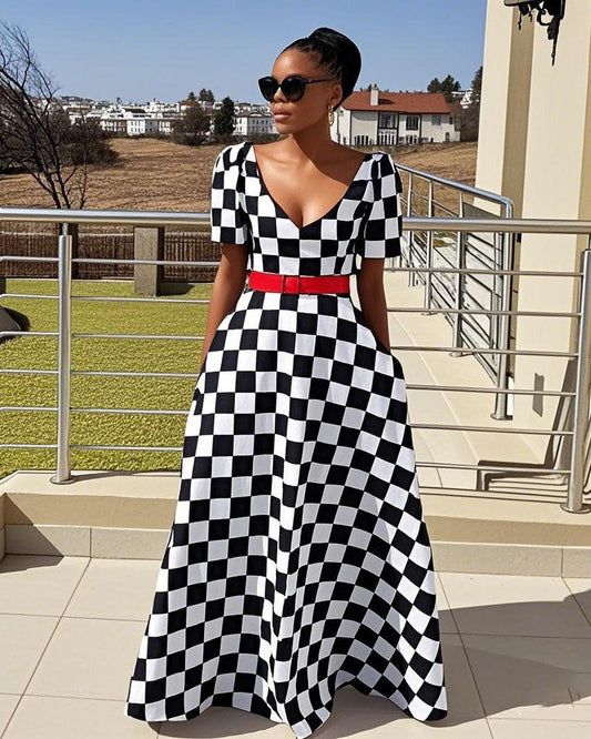 V Neck Black and White Chessboard Short Sleeve Maxi Dress